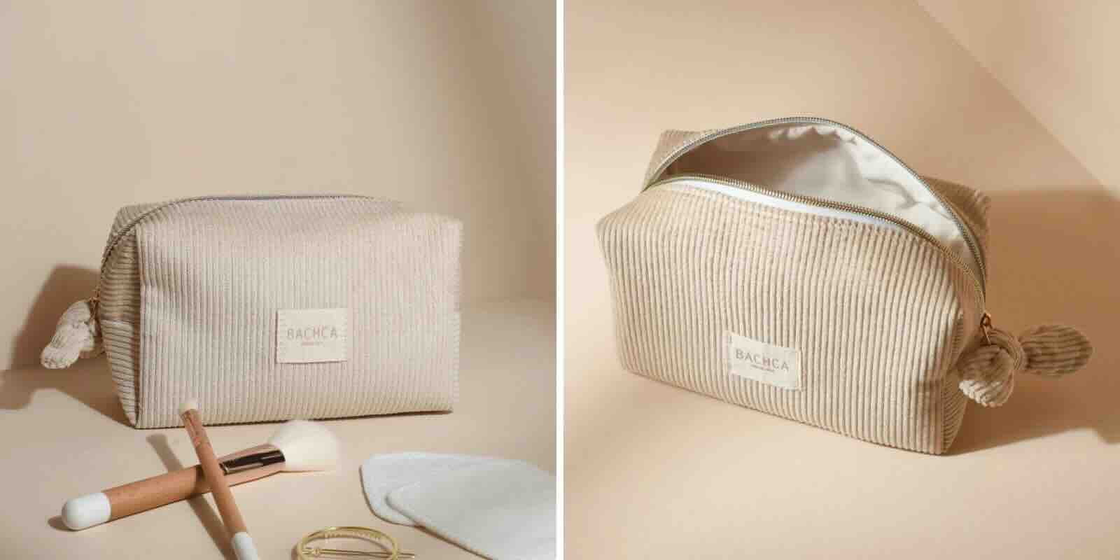 Velvet makeup pouch in sand – Bachca Paris, high-end beauty accessory at L’Officina Paris